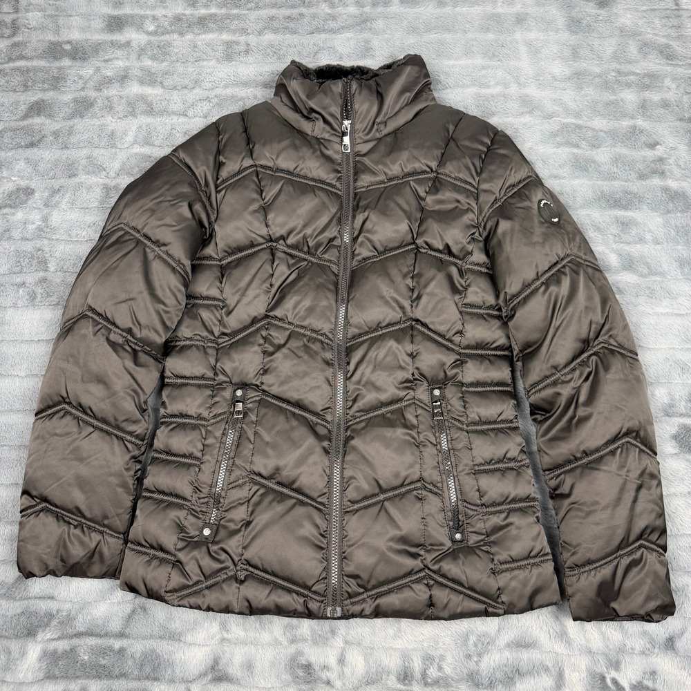 Nautica Womens Water Resistant Puffer Jacket Gray Quilted Chevron Coat Small